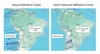 Side by side maps that compare GPS motion vectors and compared to the Nazca Reference Frame, where most vectors point westward, and the South American Reference Frame, where most vectors point east.
