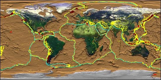 Earthquakes plotted on plate boundaries