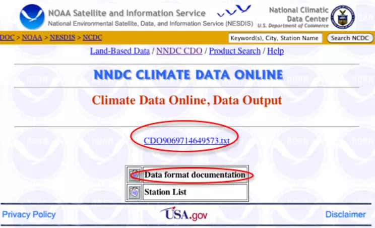 NCDC Data retrieval results page