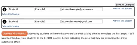 Screenshot showing E-CURE student activation