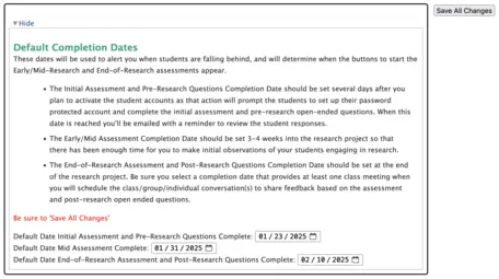 Screenshot showing the box for setting assessment completion dates