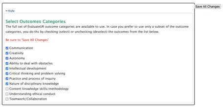 Screenshot showing the selection of E-CURE outcome categories