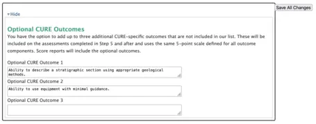 Screenshot showing the addition of optional CURE outcomes