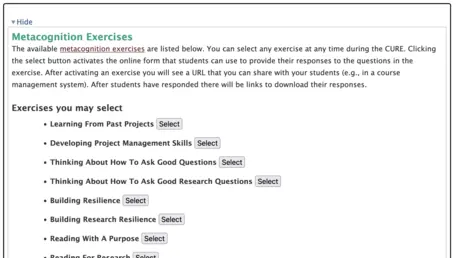 Screenshot showing the selection of metacognitive exercises