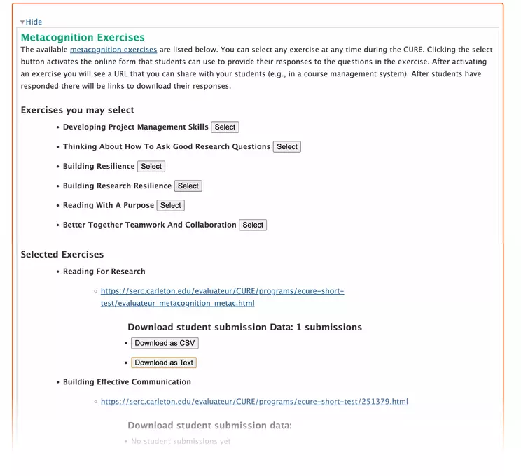 E-CURE Selected Metacognition Exercises 