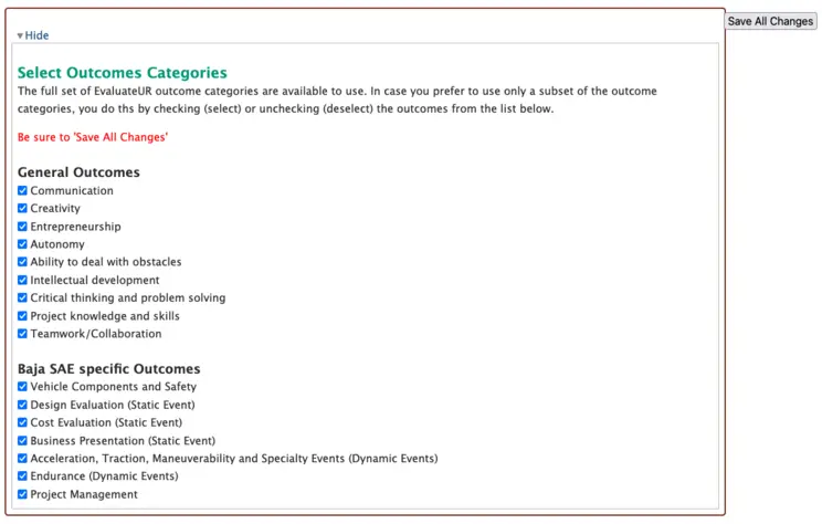Screenshot showing outcomes category selection with Baja SAE options