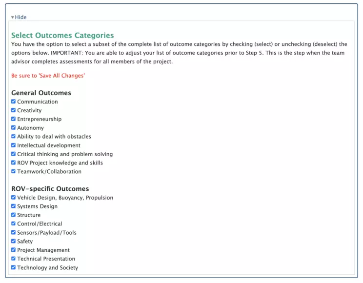 screenshot of E-Compete box 3 Select Outcomes