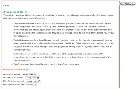 Screenshot of E-Compete assessment completion dates