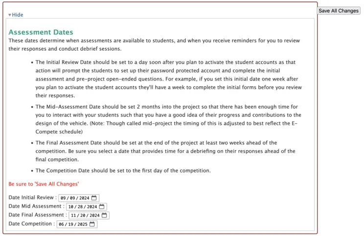 Screenshot of E-Compete assessment completion dates
