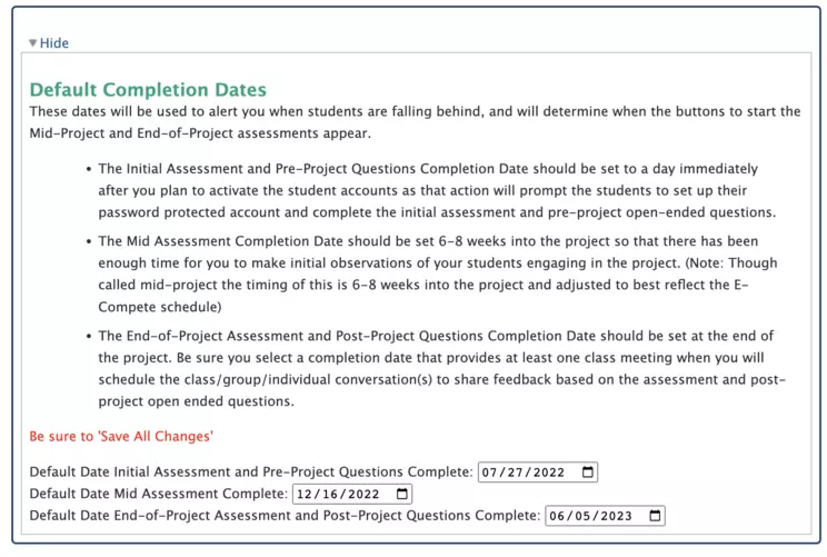 Screenshot of E-Compete box 1: set Default Dates