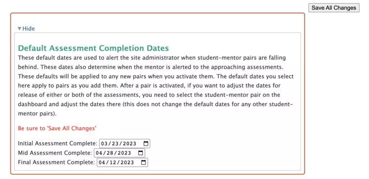 EvaluateUR Default Assessment Completion Dates