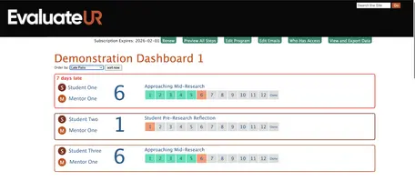 Dashboard view with three student-mentor pair blocks