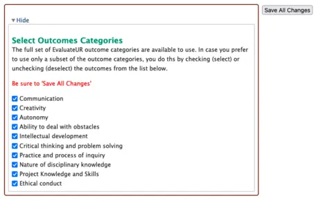 EvaluateUR Optional Outcomes selection