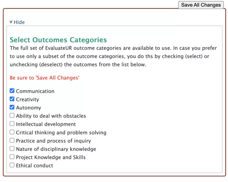 EvaluateUR Optional Outcomes selection