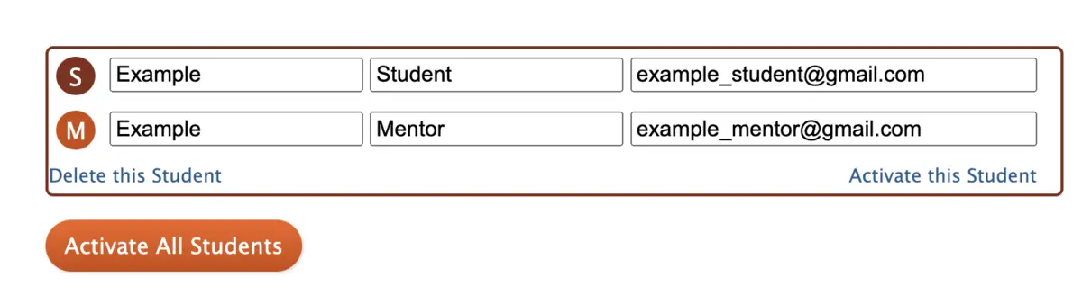 Screenshot of example student-mentor pair before activation