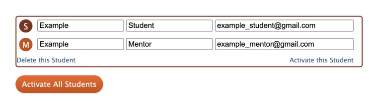 Screenshot of example student-mentor pair before activation