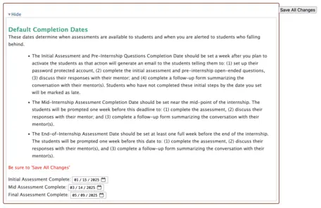 Screenshot showing the interface to set completion dates. 