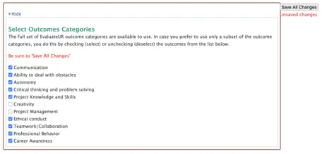 Screenshot showing the selection of outcome categories. 
