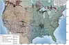 A map of the contiguous United States of America with triangles densely and evenly spaced indicating the locations where magnetotelluric data was collected.