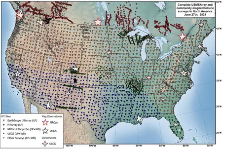A map of the contiguous United States of America with triangles densely and evenly spaced indicating the locations where magnetotelluric data was collected.