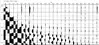 A graph shows geophone locations in feet on the x-axis and time in nanoseconds on the y-axis. Black squiggles indicating seismic activity appear in vertical lines from each geophone location; the squiggles appear almost immediately at the first geophone, then take increasing amounts of time to appear at the subsequent geophones. The amplitude of seismic activity dissipates at geophones farther away.