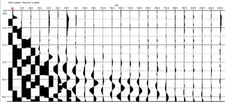 A graph shows geophone locations in feet on the x-axis and time in nanoseconds on the y-axis. Black squiggles indicating seismic activity appear in vertical lines from each geophone location; the squiggles appear almost immediately at the first geophone, then take increasing amounts of time to appear at the subsequent geophones. The amplitude of seismic activity dissipates at geophones farther away.