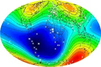 A map of the globe with colored contours for the total magnetic field (nanoteslas) is illustrated digitally.