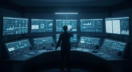 silhouetted person in front of a network of computers