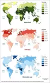 Figure 12. Proportions of water withdrawals used for agriculture (top), industry (middle) and domestic use (bottom) in 2000.