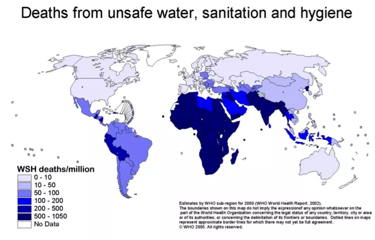 World map shows deaths attributed to water supply and sanitation.