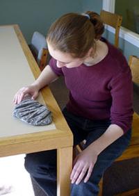 Kendra examines orthoceras fossils in a matrix