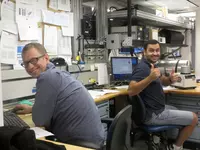 Jairo Savian (right) and me (left, in glasses) in the paleomagnetic lab on the JOIDES Resolution