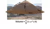 Transparent overlay of a cone shape over a small volcano to highlight the calculation of volume. Formula of for a cone.