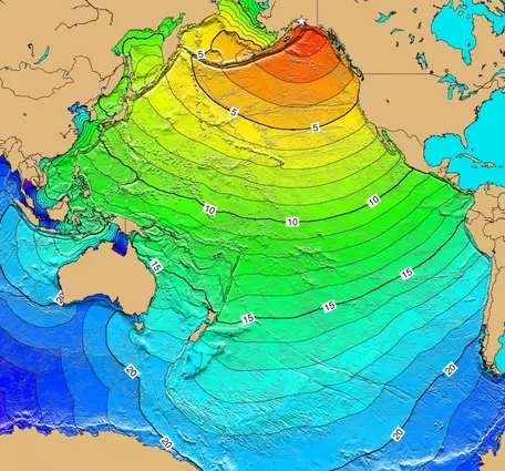 Map showing tsunami arrival times for the tsunami generated by the 1964 Great Alaska Earthquake