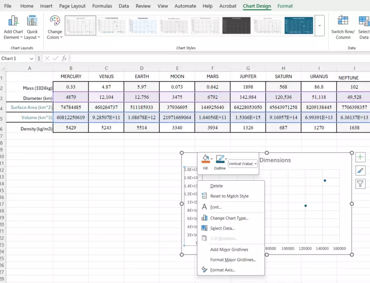 Screenshot of the Format Axis menu