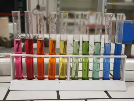 a range of test tubes showing ph changes from acidic (red) to basic (blue)