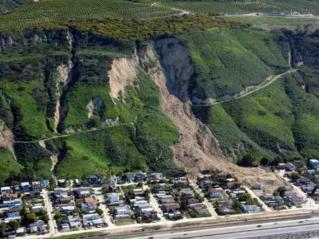 Hillside town damaged by a landslide