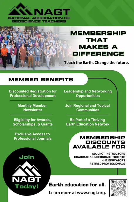 Membership that makes a difference. Teach the Earth. Change the future.
Member Benefits: Discounted registration for professional development, monthly member newsletter, eligibility for awards, scholarships, & grants, exclusive access to professional journals, leadership and networking opportunities, join regional and topical communities, be part of a thriving Earth education network.
Membership discounts available for: adjunct instructors, graduate & undergrad students, K-12 educators, retired professionals.
Join NAGT today!
Earth education for all.
Learn more are www.nagt.org