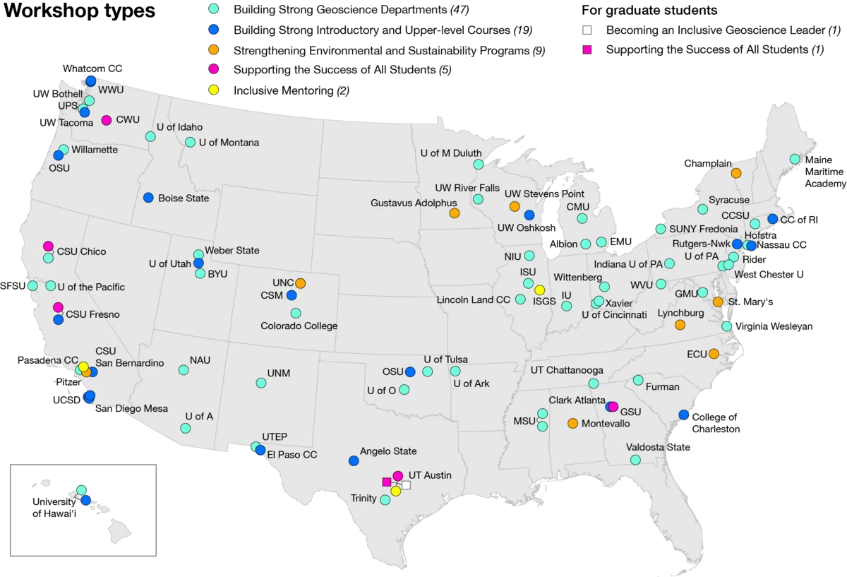 Map of the United States showing the distribution of Traveling Workshops at universities and colleges across the country. 