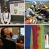 Students presenting at a professional meeting, working in the field on tsunami cores, working on data processing, and earthquake modeling output worked on by students