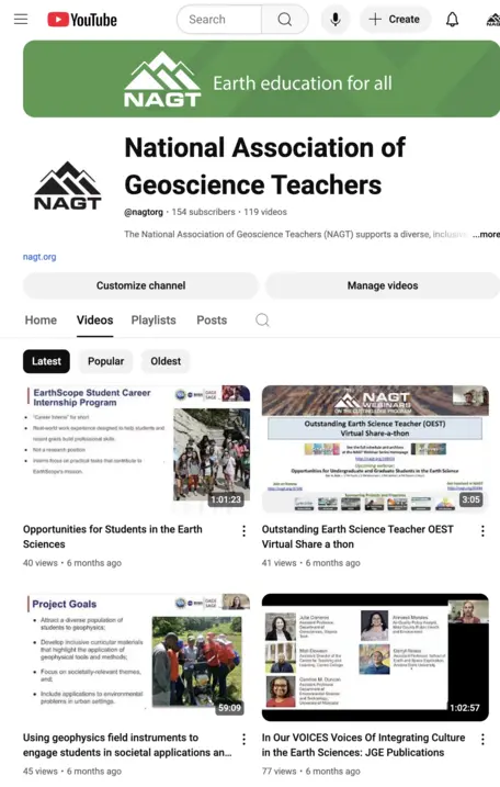 Screenshot of NAGT's YouTube channel showing several of the most recent webinars.
