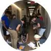 Students completing an activity in a hallway
