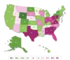 Map of the United States. Grades for the treatment of climate change in state science standards.