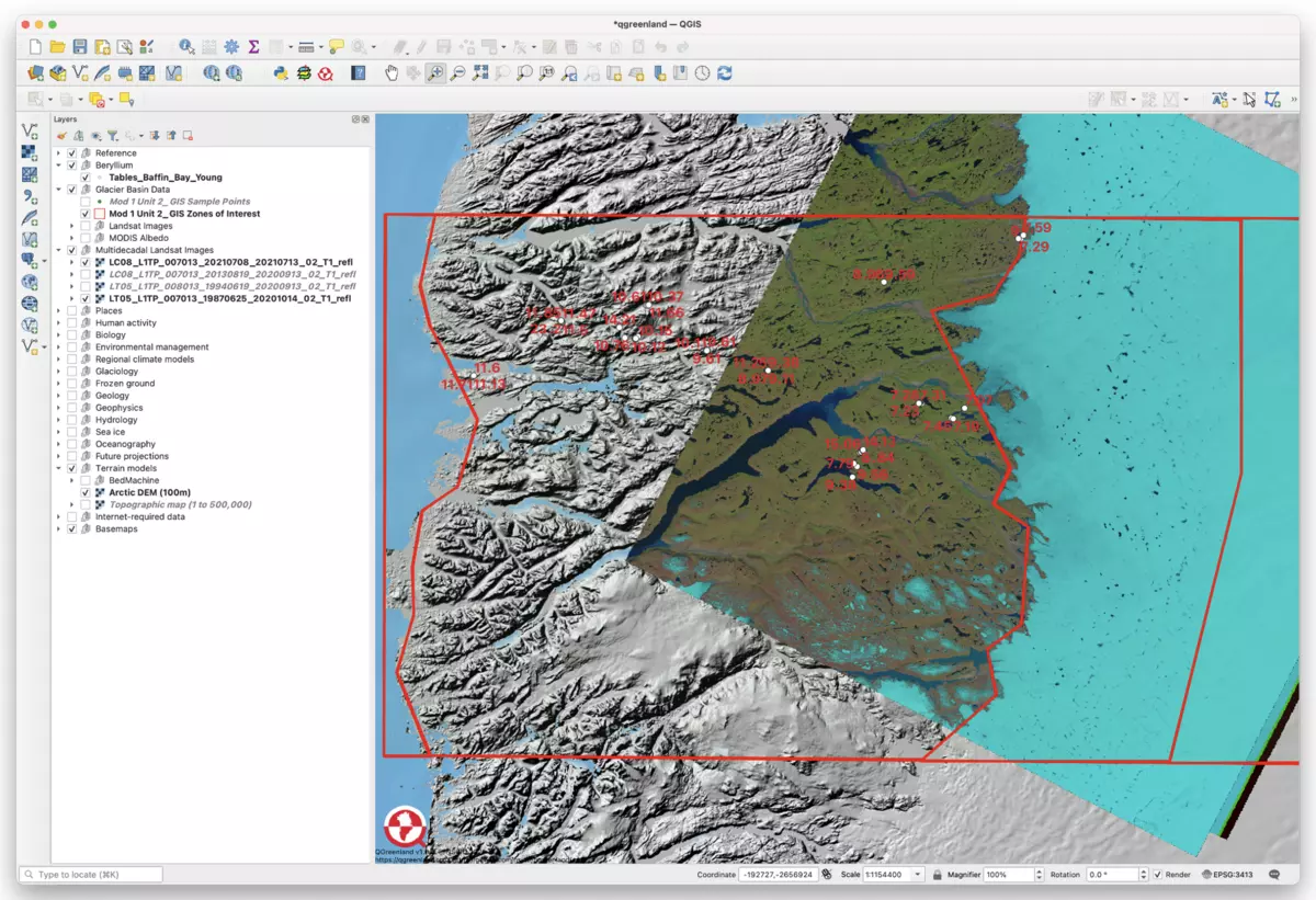 Snapshot of the QGIS and QGreenland GIS environment used in PolarPASS curriculum.