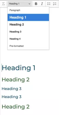 Screenshot of heading levels in the Serckit collaborative editor from Heading 1 to Heading 3.