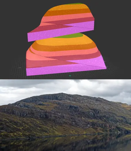 Top: A representation of a thrust fault in Visible Geology's Geology Explorer.
 Bottom: The Moine Thrust At Loch Glencoul, an example of a thrust fault