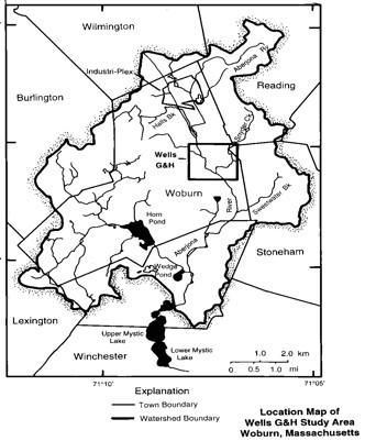 map of USGS gaging station relative to Wells G &amp; H Superfund site